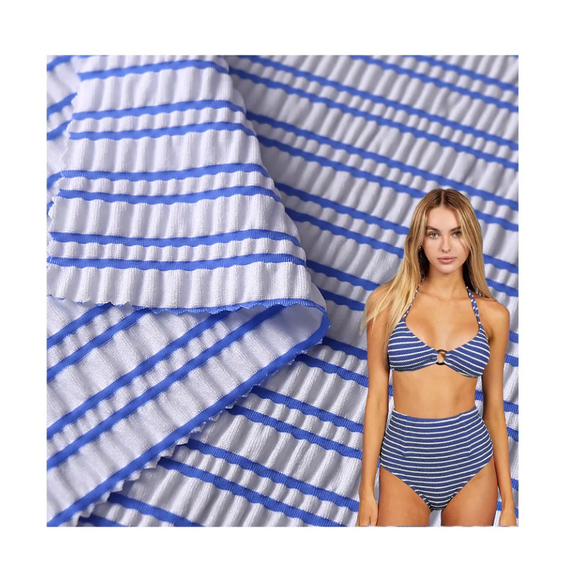 Nylon polyester spandex wrinkled fabric jacquard knitted stripes casual sports swimwear swimsuit bikini fabric